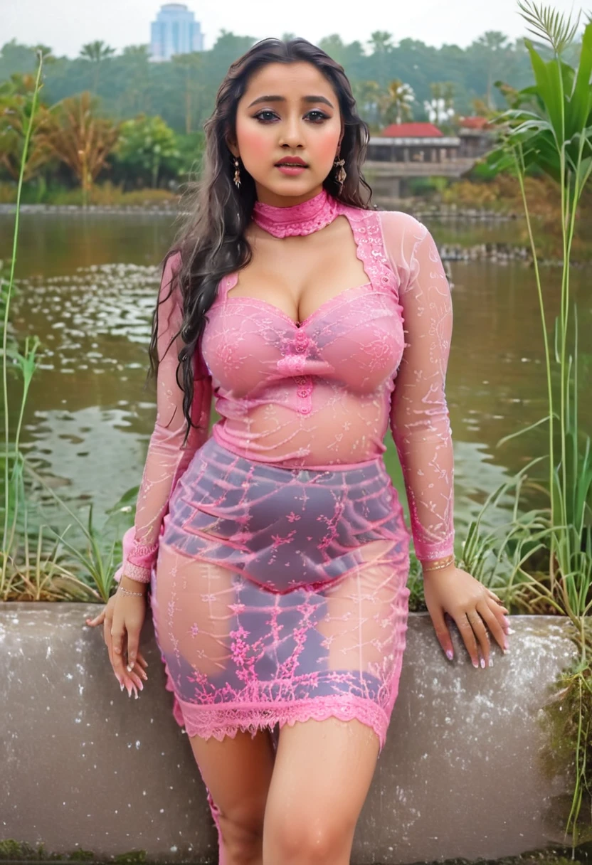 masterpiece, Indian woman ,ultra realistic,32k,intricate details, sharp focus, realistic, closed, seductive pose, black eyes, jewelr, lips, realistic, looking_at_viewer, wet skin, shiny skin, SHORT SLEVES, indonesian clothes, bali, balinese, cityscape, transparent dynamic pose,((pink kebaya)),(((transparent kebaya))),full body,busty body,curvy body,tigh,large breast,long hair,beauty face,cowboy shot,