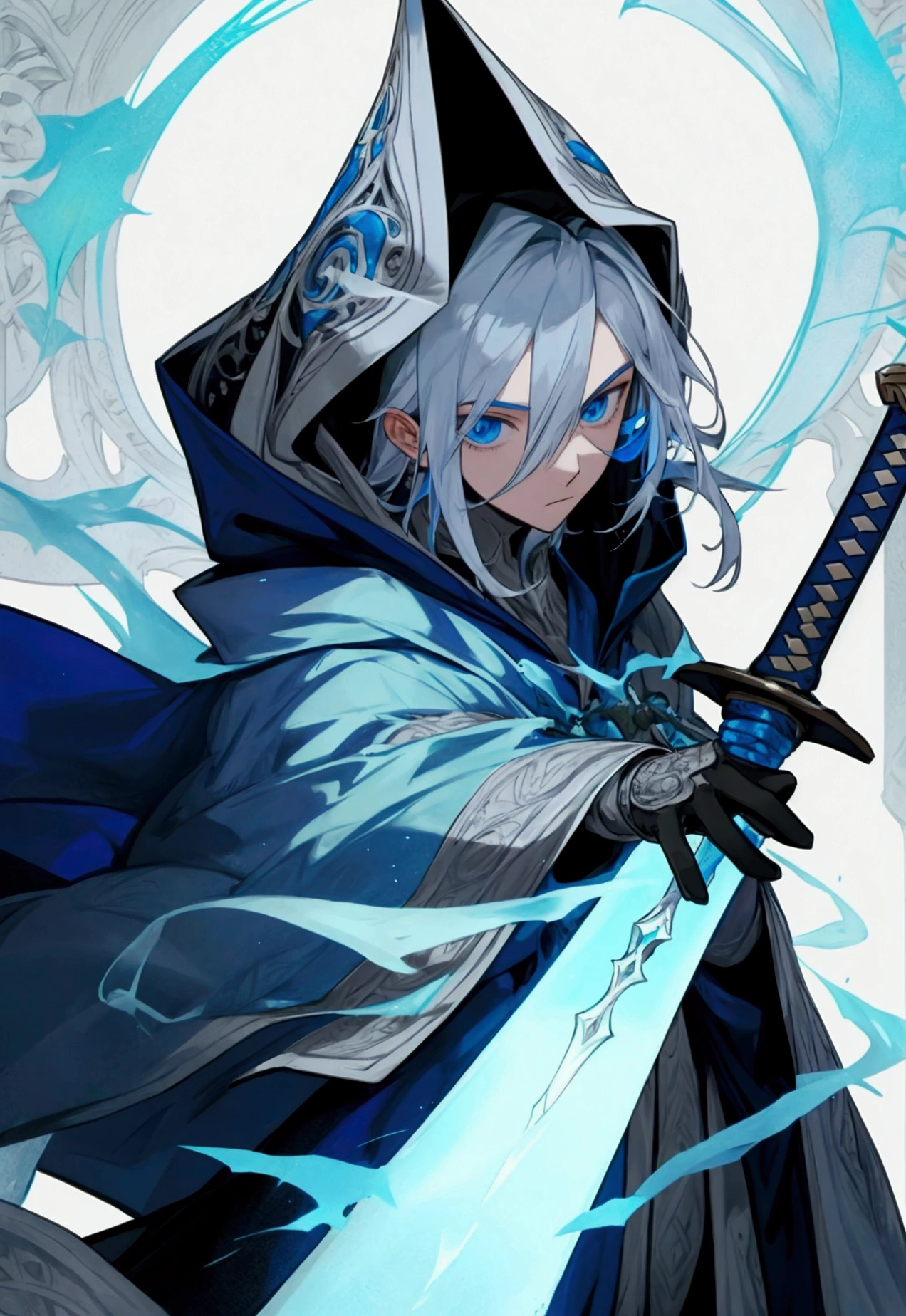 Wizard a young man, he has a silver hair and blue eyes, he wear a hood and wear gloves ,sword.