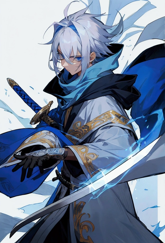 Wizard a young man, he has a silver hair and blue eyes, he wear a hood and wear gloves ,sword.