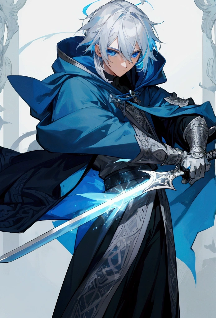 Wizard a young man, he has a silver hair and blue eyes, he wear a hood and wear gloves ,sword.