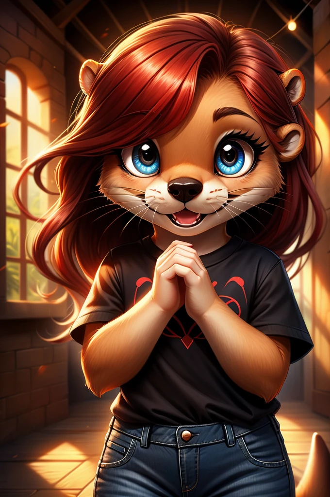 Furry, Female, otter,  cute face, very cute otter, crazy look, long red hair, black T-Shirts, Jeans, high detailed eye,