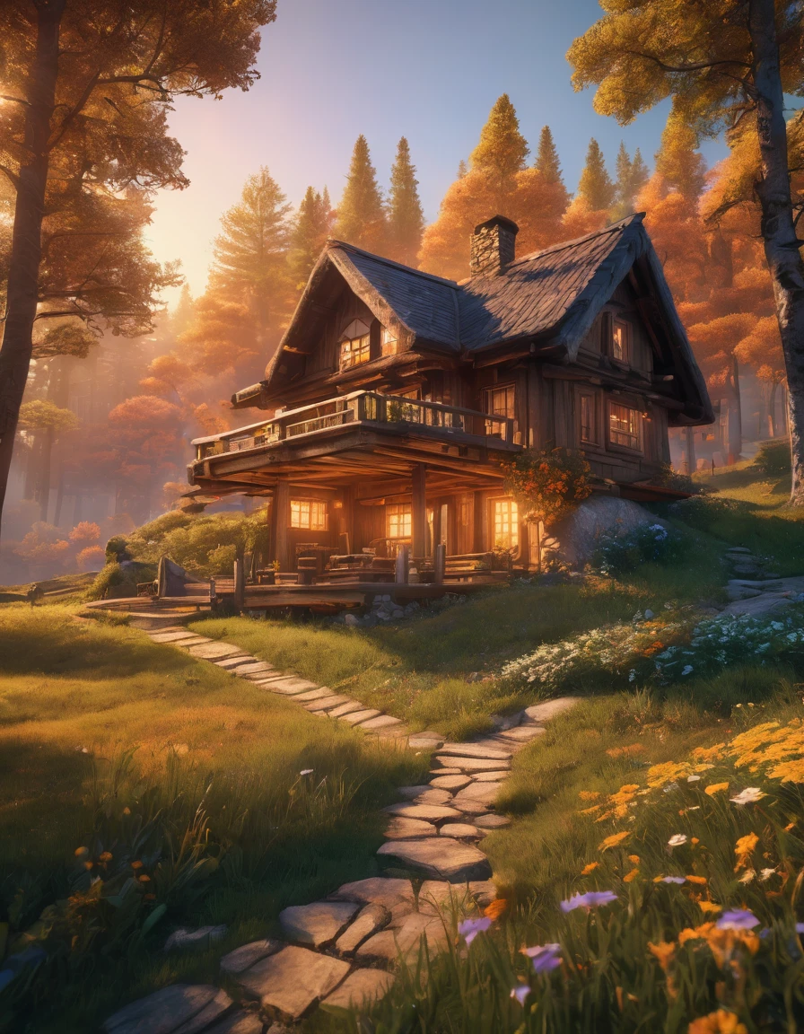 ground shot of Hyperrealistic digital image of a charming flowery varnished logs made cottage nestled in the woods,log columns,rustic,pathway,meadows,and far hills,burning clouds in a gradient orange yellow sky,niji anime style,hyper-maximalism,raw photography,ultra-detailed photorealistic textures,artistic bokeh,beautiful lighting,hyper-detailed,sharp focus,unreal engine,WLOP,HDR,8k,vray
