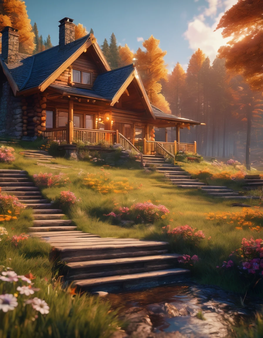 ground shot of Hyperrealistic digital image of a charming flowery varnished logs made cottage nestled in the woods,log columns,rustic,pathway,meadows,and far hills,burning clouds in a gradient orange yellow sky,niji anime style,hyper-maximalism,raw photography,ultra-detailed photorealistic textures,artistic bokeh,beautiful lighting,hyper-detailed,sharp focus,unreal engine,WLOP,HDR,8k,vray