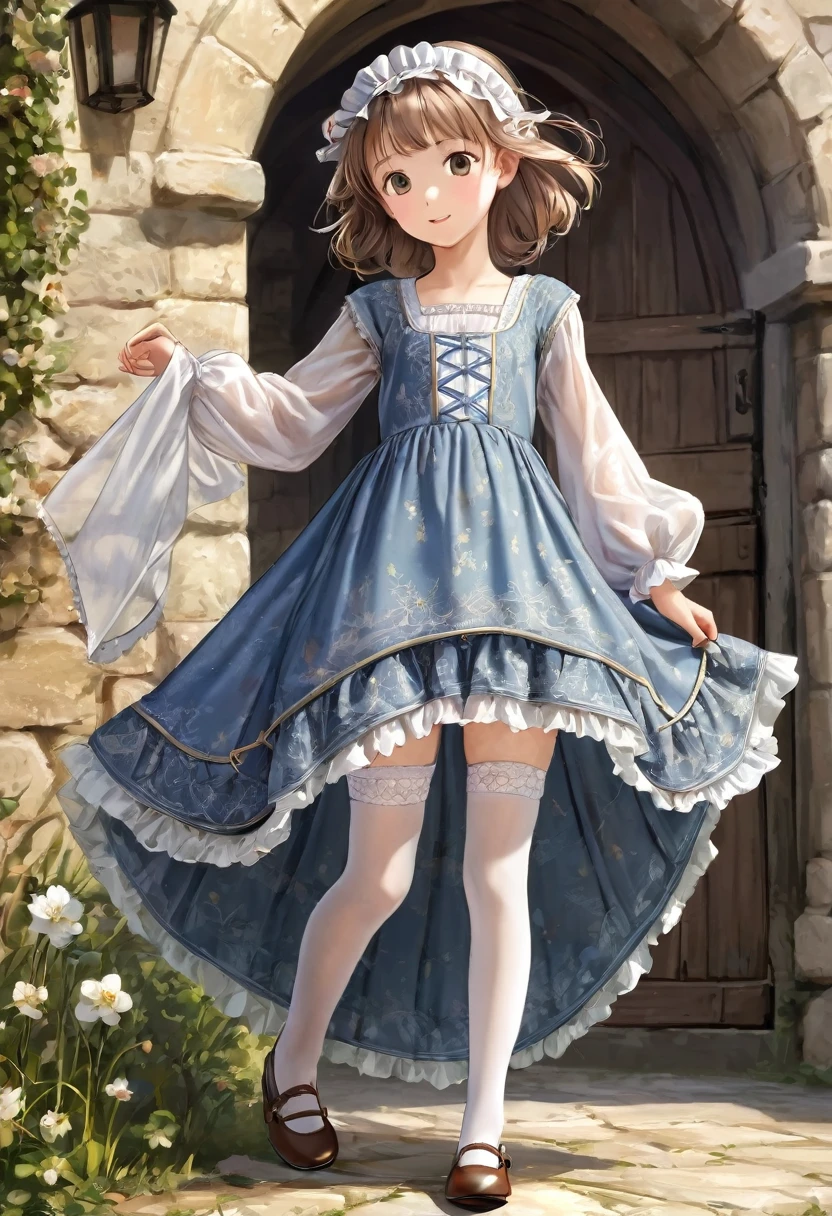 10 year old girl underwear, Realistic bloomers made from patterned cotton fabric, Medieval one-piece dress with panniers, Fabric Realism, Low - Angle, I see bloomers, Pull up the dress by hand, Strong winds, Translucent slip, Translucent slip, tights, Highest quality, Crotch close-up, whole body
