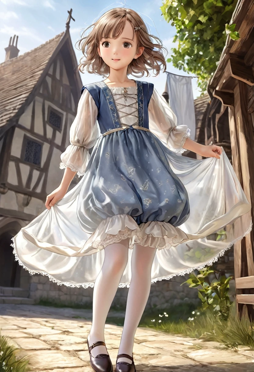 10 year old girl underwear, Realistic bloomers made from patterned cotton fabric, Medieval one-piece dress with panniers, Fabric Realism, Low - Angle, I see bloomers, Pull up the dress by hand, Strong winds, Translucent slip, Translucent slip, tights, Highest quality, Crotch close-up, whole body