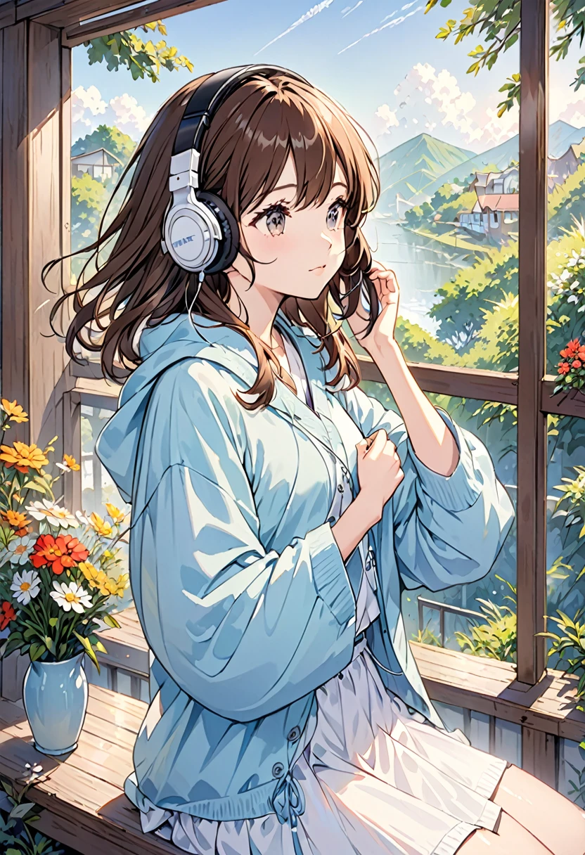 Girl wearing headphones,Brown Hair,1 person,Detailed Background,Feel the fresh morning air