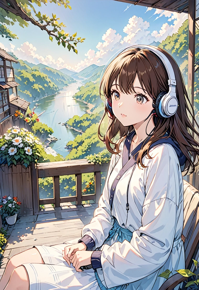 Girl wearing headphones,Brown Hair,1 person,Detailed Background,Feel the fresh morning air