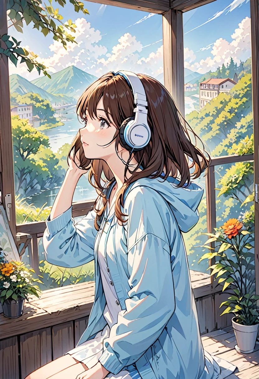 Girl wearing headphones,Brown Hair,1 person,Detailed Background,Feel the fresh morning air