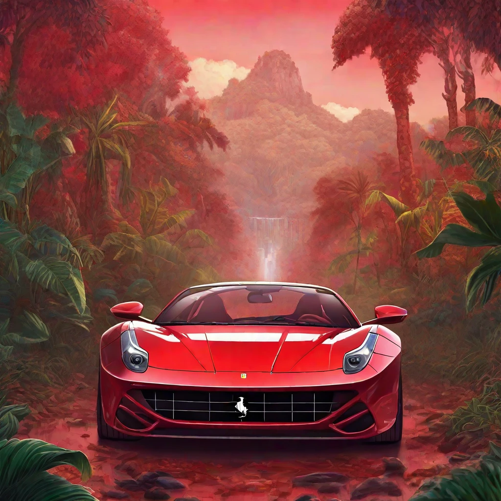 Ferrari car, red, coin bitcoin, masterpiece, Best quality, in the jungle, money, richly, Nice picture, extremely detailed