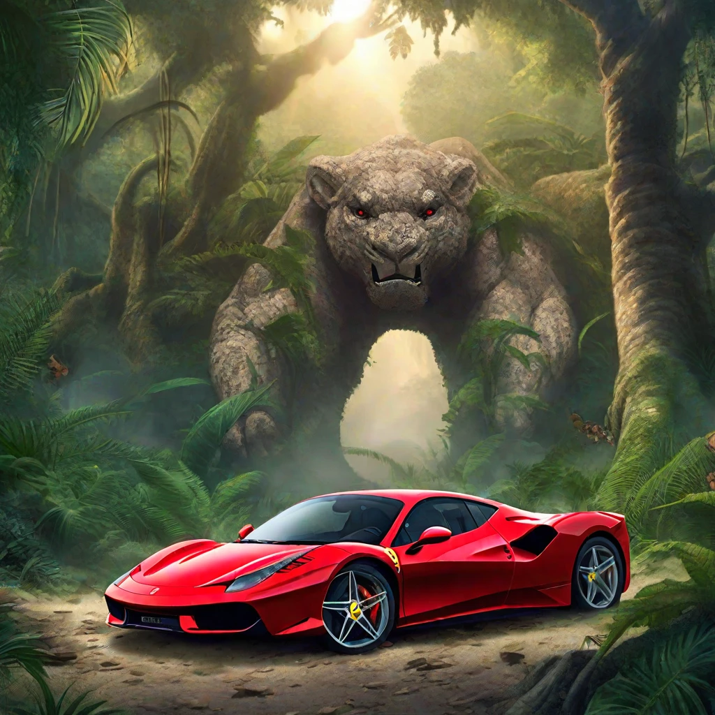 Ferrari car, red, coin bitcoin, masterpiece, Best quality, in the jungle, money, richly, Nice picture, extremely detailed