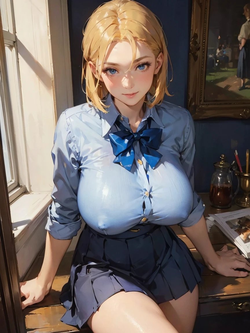 art by (Carl Larsson:1.2),(post-Impressionist),,((oil painting)),soft lighting,COOL,cammy sf6, 1girl,solo,blonde hair, short hair,Absurd resolution, A high resolution, (tmasterpiece:1.4), ((gigantic braests)), ultra - detailed, 1girll, brown color eyes, cabelos preto e longos，Wear a police uniform and a short skirt, the city street,sexyposture, The camera is close to the body　1girl, solo, maria tachibana, blonde hair, hair over one eye, short hair, green eyes, large breast, sexy bra, cowboy shot (masterpiece), (best quality), (ultra-detailed), (HD)

Black hair, massive breasts, long hair, blue eyes, smiling happily, light makeup, G-cup breasts, makeup, eyelashes, shiny skin, shiny hair, vibrant colors, dynamic lighting, realistic shadows, school uniform, button-up shirt, bowtie, pleated skirt, cardigan, looking at viewer, cute pose, 