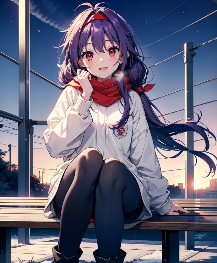 yuukikonno, Konno Yuuki, Long Hair, Pointed Ears, Purple Hair, (Red eyes:1.5), (Small breasts:1.2), Open your mouth,happy smile, smile, Open your mouth,hair band,low twin tail,Red Scarf,Oversized purple hoodie,Long skirt,Black pantyhose,short boots,Holding a paper cup of coffee in both hands,Sitting on a bench,snowが降っている,snowが降り積もっている,snow,snow,snow,snow,snowが積もった木,winter,Cold Sky,night,whole bodyがイラストに入るように,
break looking at viewer,  whole body,
break outdoors, garden,
break (masterpiece:1.2), Highest quality, High resolution, unity 8k wallpaper, (figure:0.8), (Beautiful attention to detail:1.6), Highly detailed face, Perfect lighting, Highly detailed CG, (Perfect hands, Perfect Anatomy),