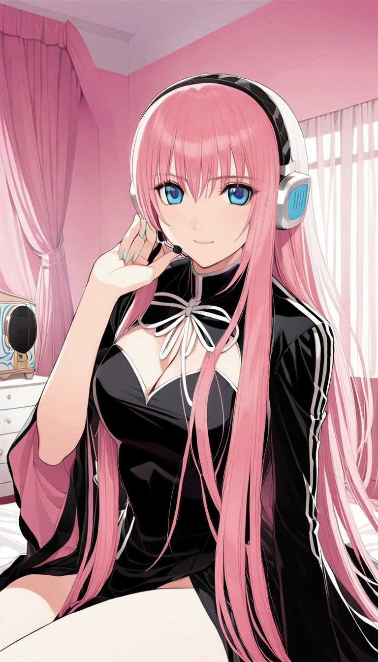 masterpiece,Detailed and beautiful depiction 1.1,Official Art,Beautiful adult woman ,Megurine Luka&#39;s official costume,headphone,Black costume,Pink long hair,blue eyes,smile,Bedroom