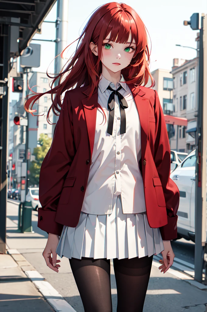 masterpiece,best quality,highres,hmjy1,long hair,blunt bangs, ginger red hair, green eyes,,red jacket,blazer,pantyhose,white shirt,black ribbon,pleated skirt,standing,cowboy shot,