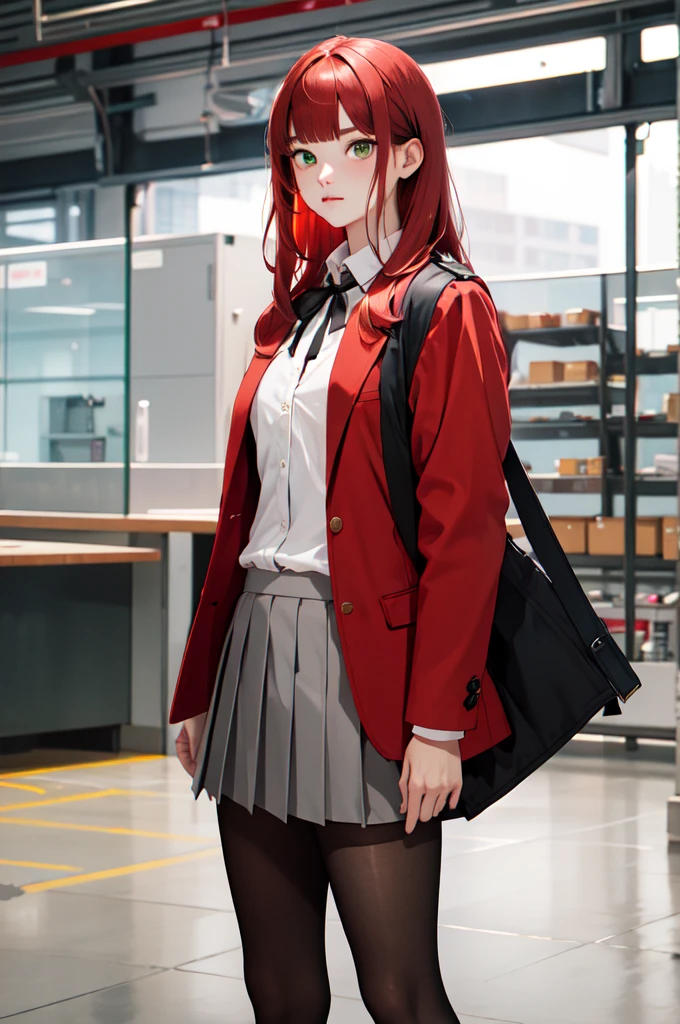 masterpiece,best quality,highres,hmjy1,long hair,blunt bangs, ginger red hair, green eyes,,red jacket,blazer,pantyhose,white shirt,black ribbon,pleated skirt,standing,cowboy shot,