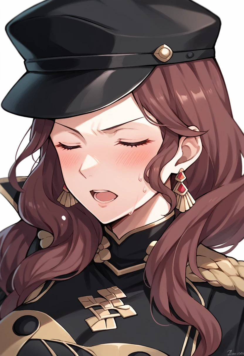 score_9, score_8_up, score_7_up, source_anime, Dorothea (Fire Emblem), bust shot, close-up, black headwear,  (black long-sleeve uniform), brown hair, dangle earrings, gold trim, closed eyes, jewelry, large breasts, long hair, black peaked cap, black hat, looking at the viewer, serious facial expression, slightly-open mouth, blush, sweat