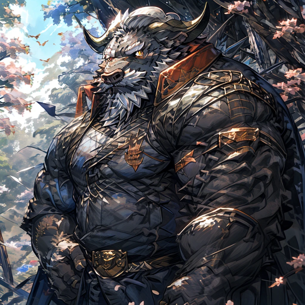 ox),(黑白阴阳General战袍),Holding a long sword,坚Strong姿态,Stand calmly,(The background is a dark forest with peach blossoms in full bloom.:1.2),abdominal muscles,Heroic Stance飒爽,完美的masterpiece,Various facial details,Perspective from a distance,specific description,masterpiece,CG,(Golden Eyes),Black and white pattern,Crimson Tail,General,Heroic Stance,ox,Gray fur,Specific facial details,Half Body,(黑白阴阳General战履),(Chang Ling),((middle aged)),(Face Focus),(16K),HD,White belly，wilderness,beard,(Noodle),Different students,(Black and white yin and yang shirt),(Black and white hair),Strong,muscle,(high resolution:1.3),(Standing in the depths of the desolate peach blossoms),(close up),(Delicate face:1.5),Perfect details,(Half Body),(Facial details:1.5),(Zoom in on the face:1.5),(白色Noodle:1.2),(黑色beard:1.3),(white face;1.6),White body