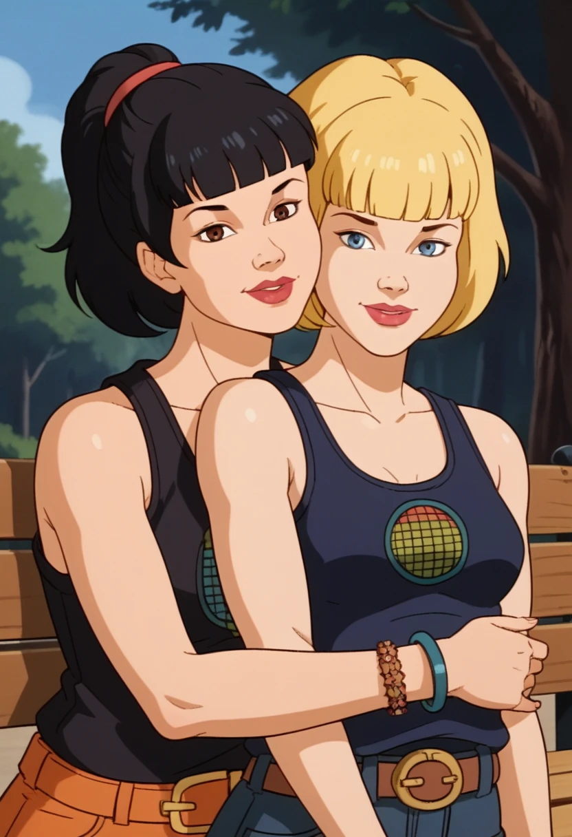 score_9, score_8, score_7, score_8_up, score_7_up, score_6_up, 2girls, (((xgix,black hair,bob cut,blunt bangs,brown eyes,lipstick,bracelet, tank top, belt, small breasts))), (((xlinkax, blonde hair, ponytail, blue eyes, medium breasts, tank top))),   standing, by wooden bench, light smile, front view , sunshine, hugging, looking on viewer, upper body, portrait, kissing, 