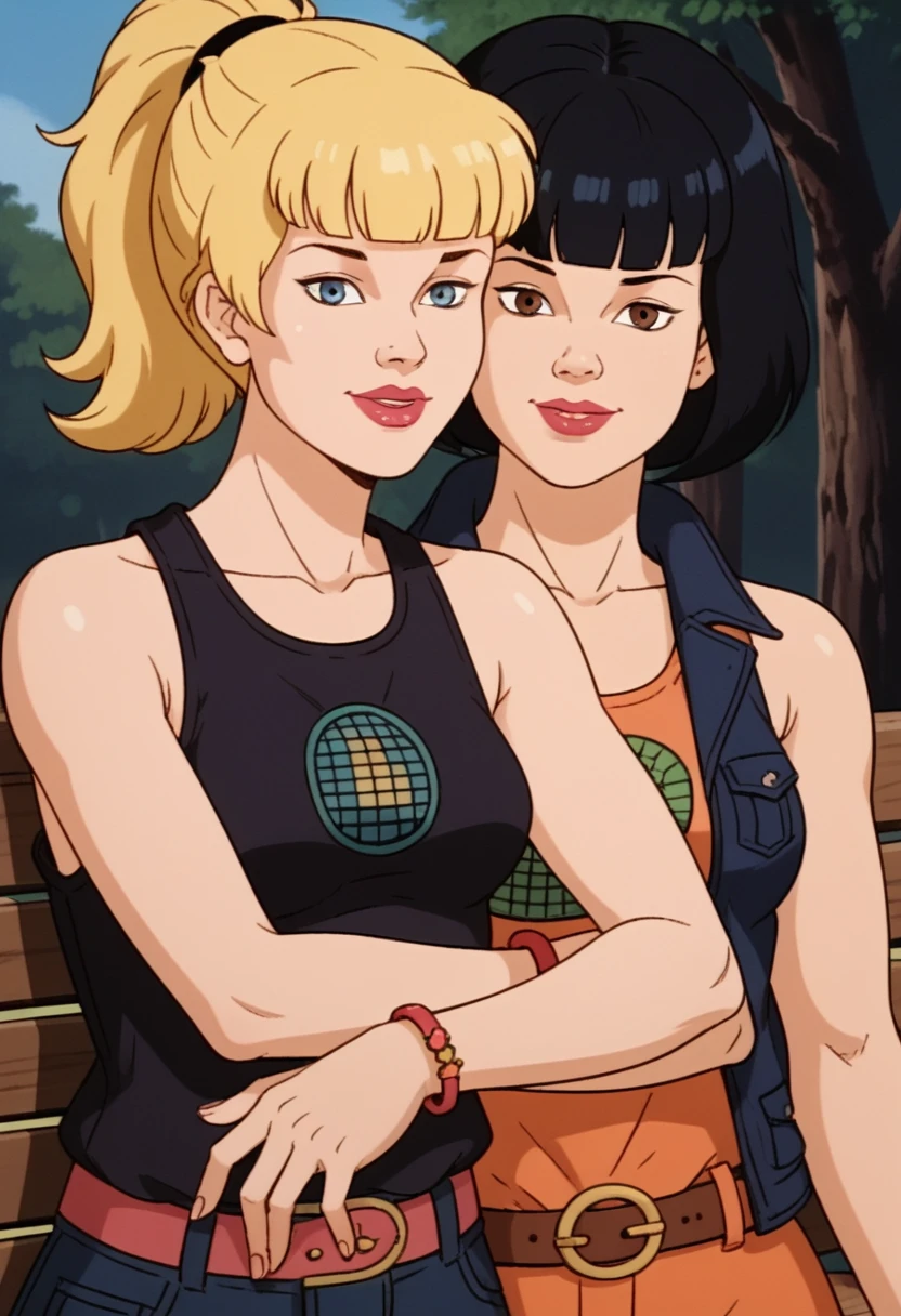 score_9, score_8, score_7, score_8_up, score_7_up, score_6_up, 2girls, (((xgix,black hair,bob cut,blunt bangs,brown eyes,lipstick,bracelet, tank top, belt, small breasts))), (((xlinkax, blonde hair, ponytail, blue eyes, medium breasts, tank top))),   standing, by wooden bench, light smile, front view , sunshine, hugging, looking on viewer, upper body, portrait, kissing, 