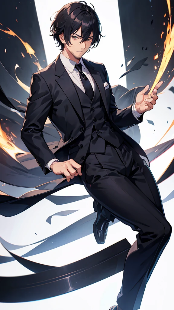 male、32 years old、less beard、Tired face、Glaring eyes、Long bangs with a 7:3 part、Shot from the thigh up、Are standing、looking at the camera、Black suit、Plain white background、Single、Japanese salaryman