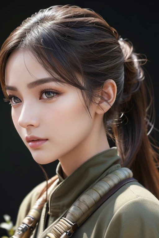 masterpiece、Highest quality、8k、ponytail、Attractive beautiful large almond-shaped eyes、Big black eyes、Long eyelashes、美しい桜colorの唇、A high, well-defined nose、color々Hairstyle、美しく輝くcolor々な髪color、((Realistic:1.3))、Cinematic lighting、Challenging eyes、Bold composition、Detailed face on the market、Detailed、Golden Ratio Face、Ultra-high resolution、Beautifully detailed and realistic white skin、((Sniper))、battlefield、(((Sniperライフルを構える)))、((Sniper position))、soldier、(((Sniper)))、Camouflage