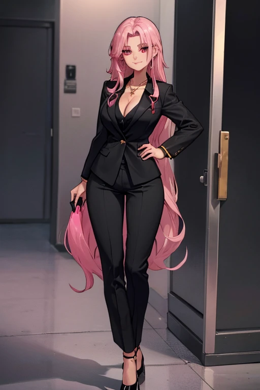 female, silver messy long hair, red eyes, tanned skin, (((1girl))), (((black blazer))), (pink shirt), (black dress pants), (black heels), (necklace with gold pendant), cute and sexy, full body, big breasts, long legs, smiling, cleavage
