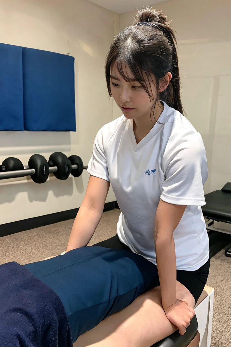 A massage therapist performing deep tissue massage on an athlete or active client, in a treatment room or sports facility, focusing on relieving muscle tension and enhancing flexibility, highly detailed, photorealistic, post-treatment stretching guidance included, dynamic and professional atmosphere