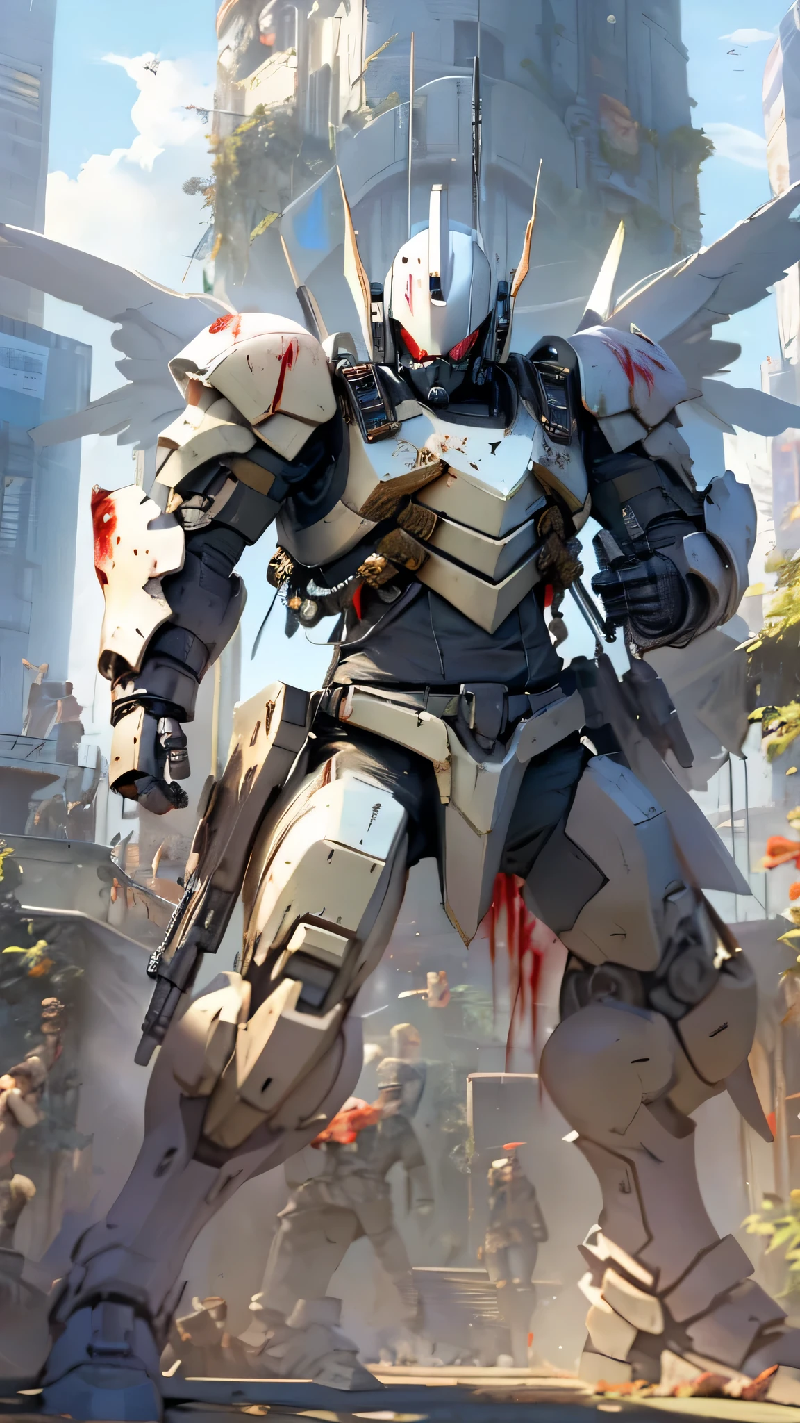 最high quality、Best image quality、masterpiece、Giant Mecha((humanoid、Railgun、Bulletproof vest、Jetpack、Red visor、Run、Assault rifle,Full of wounds,gas mask、Gold Color、Fighting Pose、Muscular,Blood splatter,Tattered))high quality、Beautiful art、background((underground,Fighting the monsters)),Tabletop、Exquisite design、Visual Arts、Written boundary depth、Best lighting、The finest details、8k