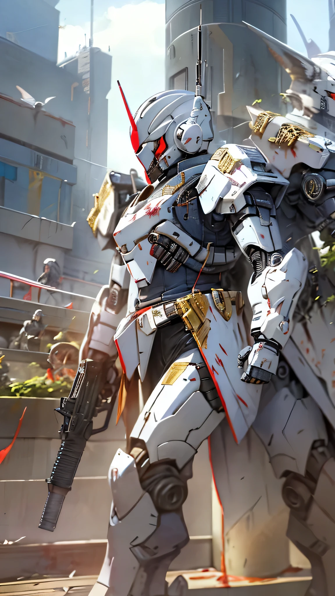 最high quality、Best image quality、masterpiece、Giant Mecha((humanoid、Railgun、Bulletproof vest、Jetpack、Red visor、Run、Assault rifle,Full of wounds,gas mask、Gold Color、Fighting Pose、Muscular,Blood splatter,Tattered)）high quality、Beautiful art、background((underground,Fighting the monsters)),Tabletop、Exquisite design、Visual Arts、Written boundary depth、Best lighting、The finest details、8ｋ