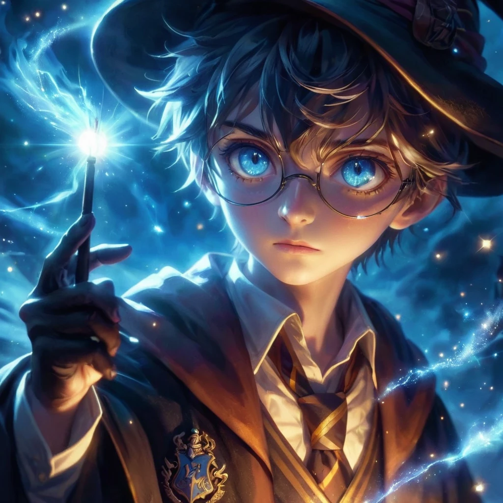1garçon, à la manière de Harry Potter, Anime en images de synthèse, chasseur de démoniste, Dessin animé 2.5D, ((plus détaillé, Amélioré_anime à thème)), détails complexes, Beaux yeux détaillés, beau nez détaillé, belles lèvres détaillées, visage extrêmement détaillé, long cils, veste sorcier noire avec des inscriptions magique , tenant une boules lumineuse  effet magique, Fantaisie sombre, Éclairage cinématographique, ombres dramatiques, couleurs vives, art fantastique, style artistique conceptuel voyageur du temps, avec un livre magique 