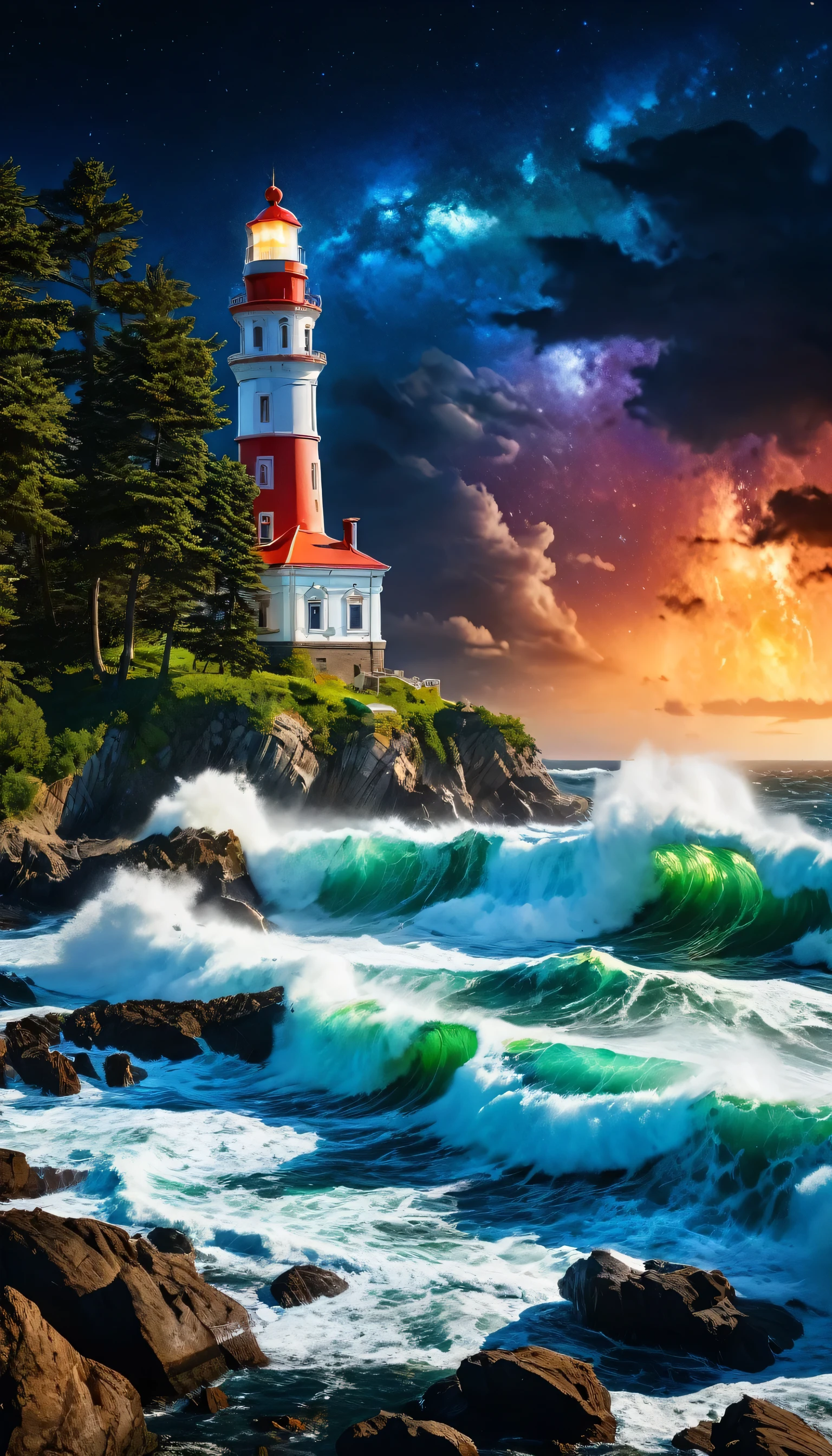 professional landscape photo , Ultra-realistic, rich color mega-realistic photo, bright colors, stormy sea + huge waves and splashes + lighthouse on a rocky shore and rare trees + night sky +Milky Way, detailed photograph , Wide-Scale Shot, hyperdetailing, a high resolution, @Mariya, high detail, 32k, Nikon d800 photo, f/19, 1/250 p. (in Russian), 30 mm lens, f/2.8, ISO 100