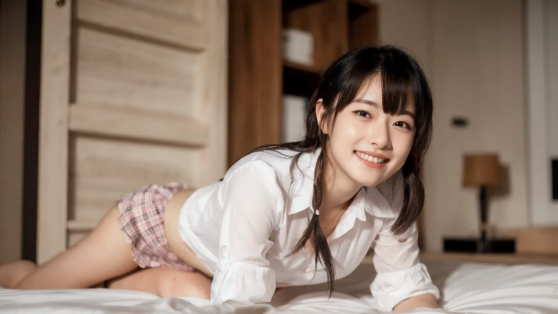 (masterpiece, Highest quality:1.2), One girl, alone, 「Full Body」, Crawling posture, (masterpiece, Highest quality:1.4),(8k,RAW Photos, Photo Real:1.2),Shiny skin, Detailed skin, Detailed face, Fine grain,One girl,Japanese Idols, Beautiful Face,Bright room、Two girls in the bedroom,Long-sleeved white shirt and pale pink bow tie,Checkered Pleated Micro Mini Skirt,White Thong,(((Get on all fours on the bed)))、18-year-old,bangs,Smile a little,Thighs,knees,share,Low Ponytail,One of her shirts is lifted up to reveal her beautiful breasts.、スカートが捲れて美しいshare間が確認できる、