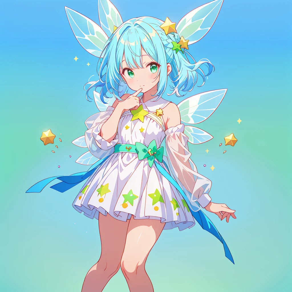 1girginal and unique cute hairstyle、Star Fairy、Star incarnation、Character design front view、A picture facing the viewer、(((Super detailed、Highest quality、Masterpiece)))、Original cute hairstyle、Milky white and blue hair color、Simple Green Background、vtuber-fullbody,