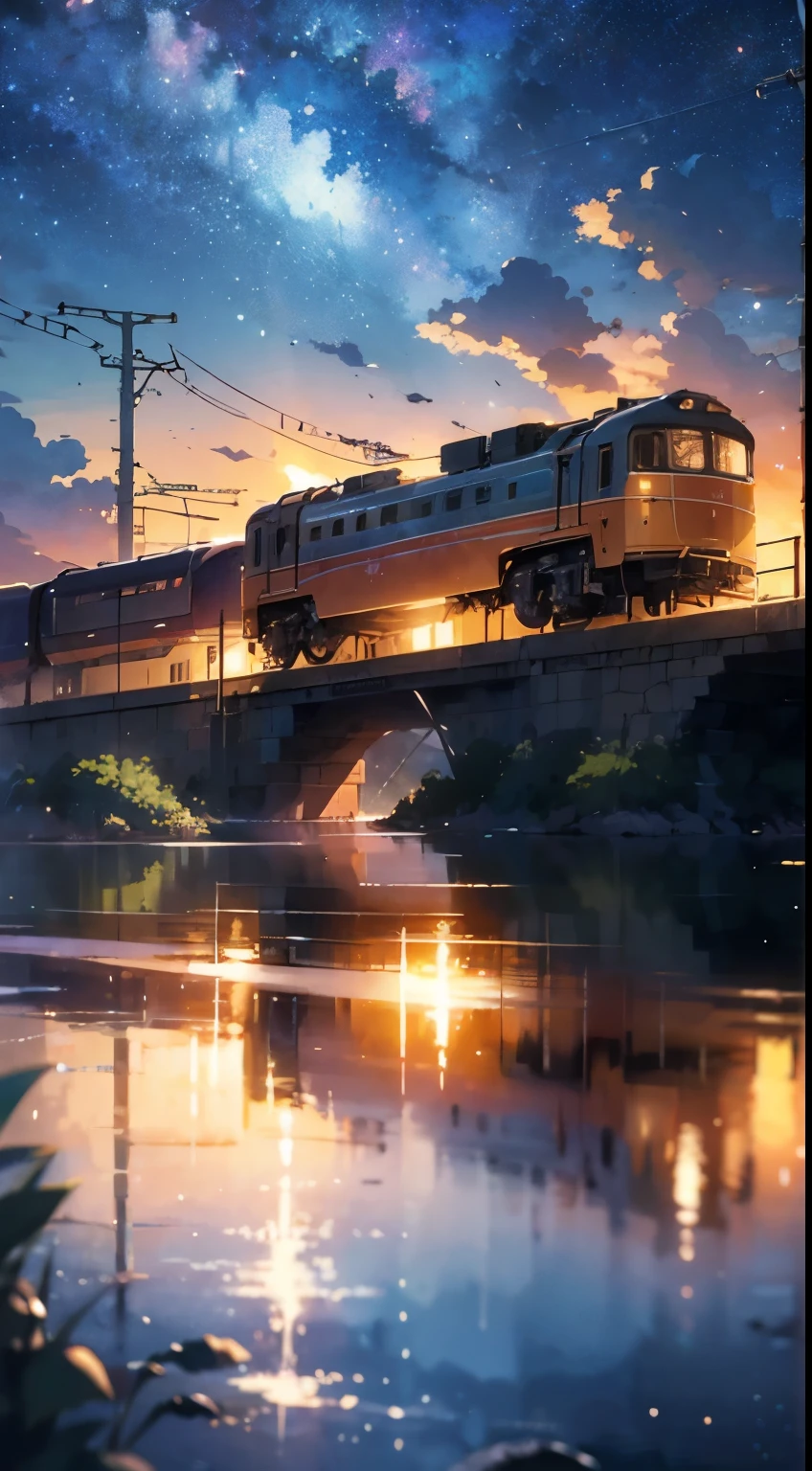 High quality masterpiece, landscape, Animated train passing through water on the tracks, Bright starry sky. break Romantic train, Pixiv, Concept Art, Lofi Art style, reflection. by makoto shinkai, Lofi Art, Beautiful anime scene, break Anime landscape, detailedなlandscape —幅672, in Makoto Shinkai's Style, Makoto Shinkai's Style, 強化されたdetailed, break,detailed,Realistic,4K の非常にdetailedなデジタルアート,Octane Rendering, Bioluminescent, break 8K resolution Concept Art, realism,Mappa Studio,masterpiece,Highest quality,Official Art,figure,Clear lines,(nice_color),Perfect composition,Absurd, Fantasy,Concentrated,Three-part method