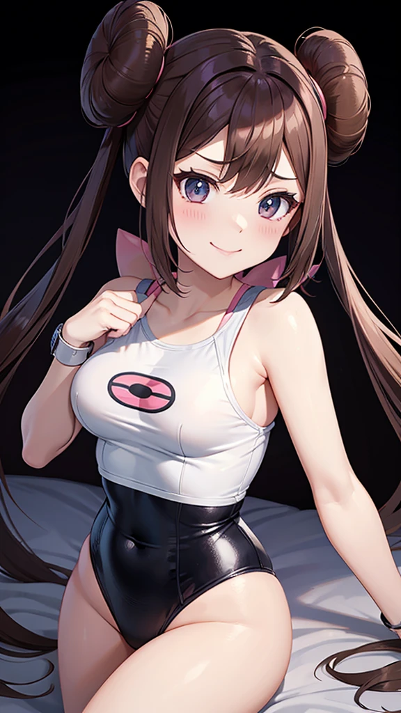 Erotic、Pokemon May「Rose」、Twin tails and bun hair、No sleeve、Shoulder、White One Piece Swimsuit Pink line、Evil female executive、sexy、Wicked Smile、lure、Alluring、Pitch black background、Dark bedroom at night