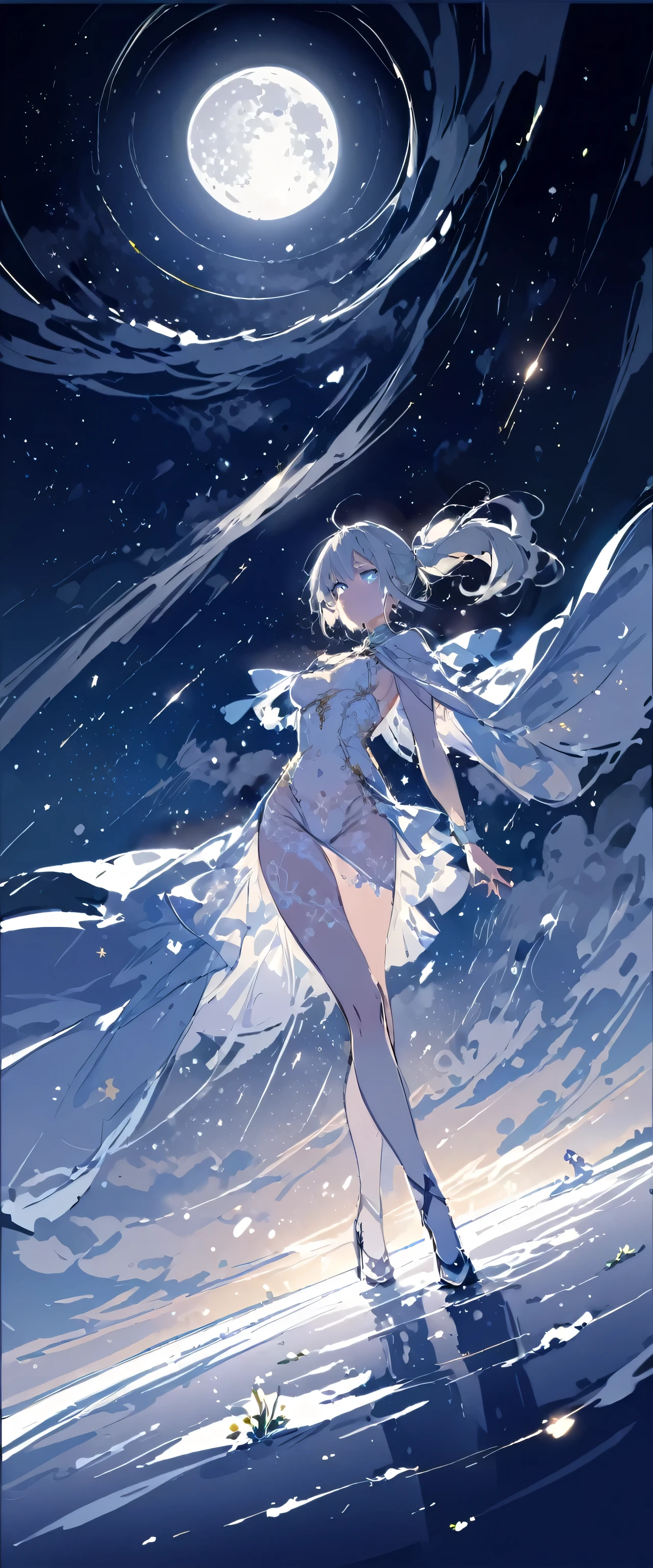 masterpiece, (Highest quality: 1.2), (Super Fine: 1.2), figure, (Very delicate and beautiful: 1.2), Film Angle, floating, (Beautiful detailing: 1.1), (Detail Light: 1.1), Film Light, Delicate Sky, woman, Gray Hair, blue eyes, (High Ponytail: 1.1), Cape, Glowing Eyes, (moon: 1.2), (moonlight: 1.1), Starry Sky, (Particles of light: 1.1), fog , Snow Painting, sketch, flowering