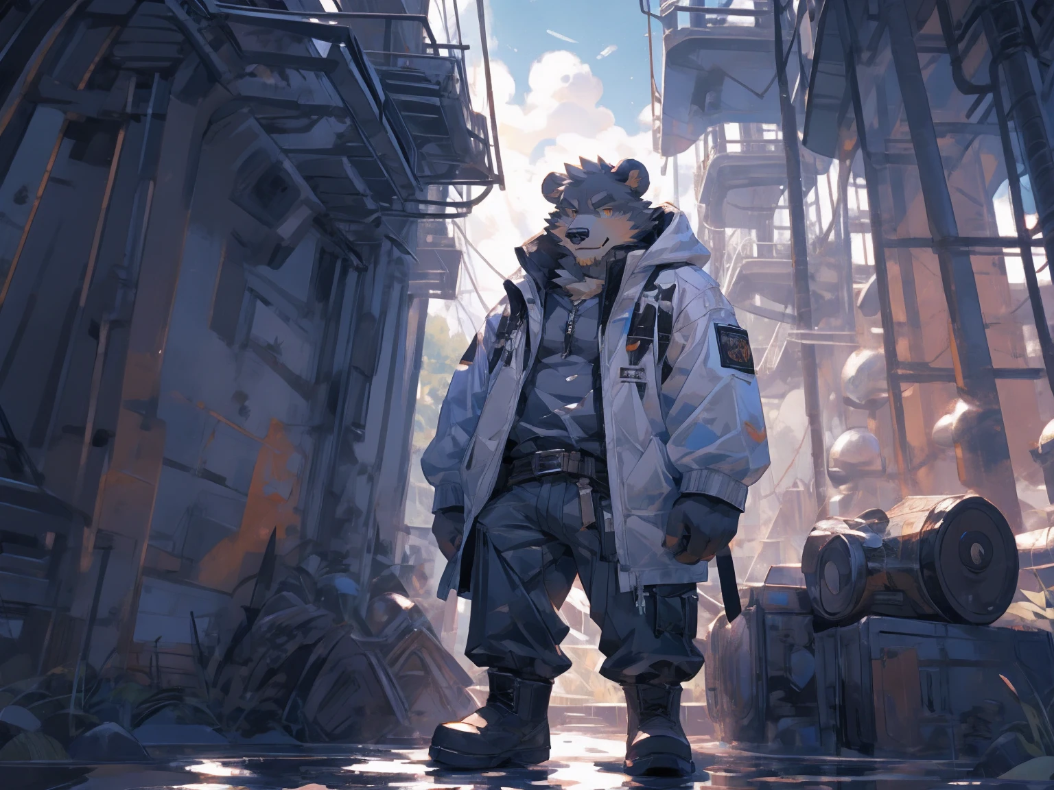 (masterpiece:1.2), best quality,pixiv,official art,perfect anatomy, (Ray tracing, light),solo, (1_male:1.3) , (muscle), (grey fur:1.4), (muscle bear), (beard:1.2), (gleaming golden eyes), bear tail, full body, Thick black eyebrows,(open hooded parka), (naked inside), (cargo pants:1.2), boots , blue sky, lake, sunny , reflection, Salar de Uyuni, cloudy