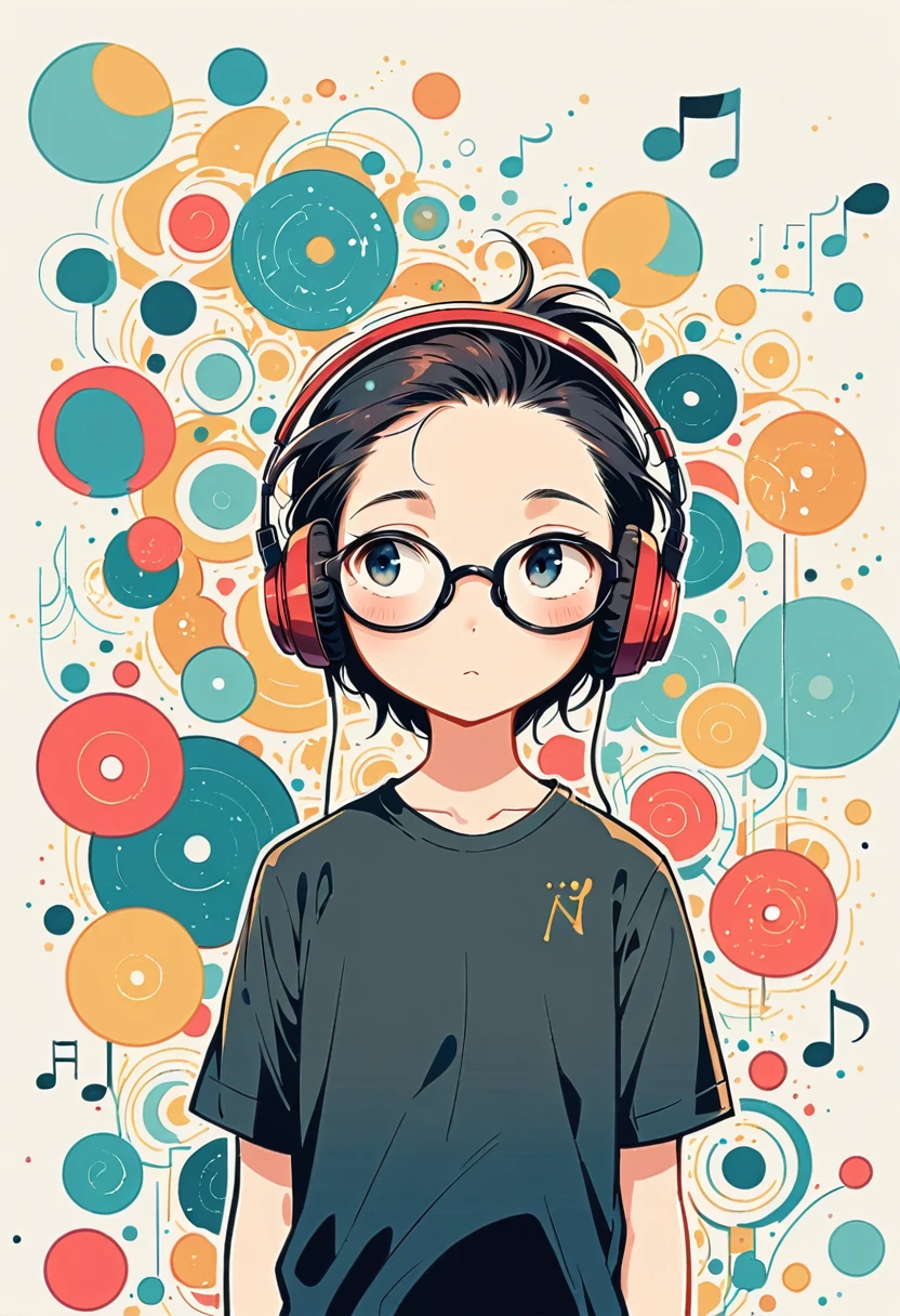 Watase Seizo style, Standing in front of a wall,Simple line initials,Abstract art,Upper Body,The World of Musical Notes, Wear headphones, Large black-rimmed glasses, (((The most beautiful men))), (((a bit)))