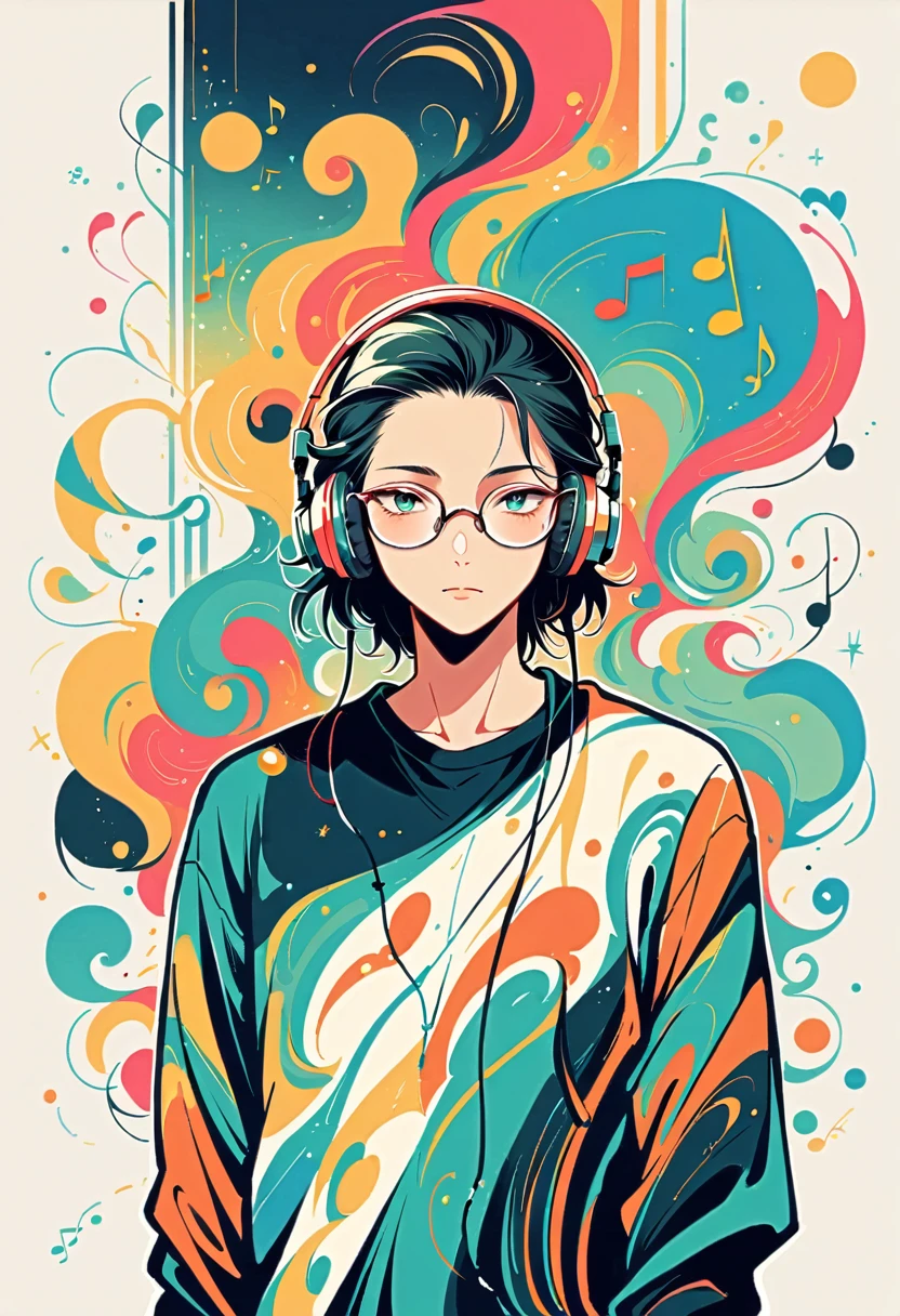 Watase Seizo style, Standing in front of a wall，Simple line initials，Abstract art，Upper Body,The World of Musical Notes, Wear headphones, Large black-rimmed glasses, (((The most beautiful men))), (((a bit)))