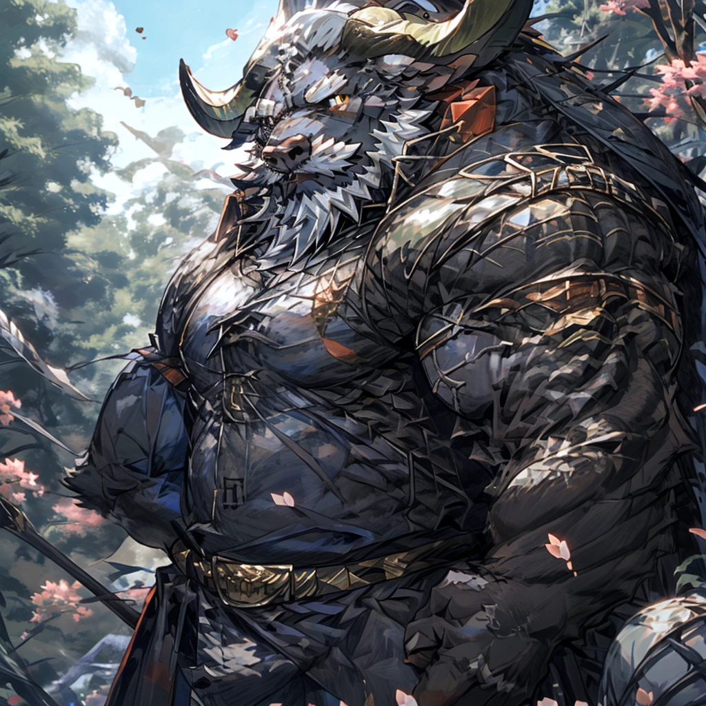 ox),(黑白阴阳General战袍),Holding a long sword,坚Strong姿态,Stand calmly,(The background is a dark forest with peach blossoms in full bloom.:1.2),abdominal muscles,Heroic Stance飒爽,完美的masterpiece,Various facial details,Perspective from a distance,specific description,masterpiece,CG,(Golden Eyes),Black and white pattern,Crimson Tail,General,Heroic Stance,ox,Gray fur,Specific facial details,Half Body,(黑白阴阳General战履),(Chang Ling),((middle aged)),(Face Focus),(16K),HD,White belly，wilderness,beard,(Noodle),Different students,(Black and white yin and yang shirt),(Black and white hair),Strong,muscle,(high resolution:1.3),(Standing in the depths of the desolate peach blossoms),(close up),(Delicate face:1.5),Perfect details,(Half Body),(Facial details:1.5),(Zoom in on the face:1.5),(白色Noodle:1.2),(黑色beard:1.3),(white face;1.6),White body