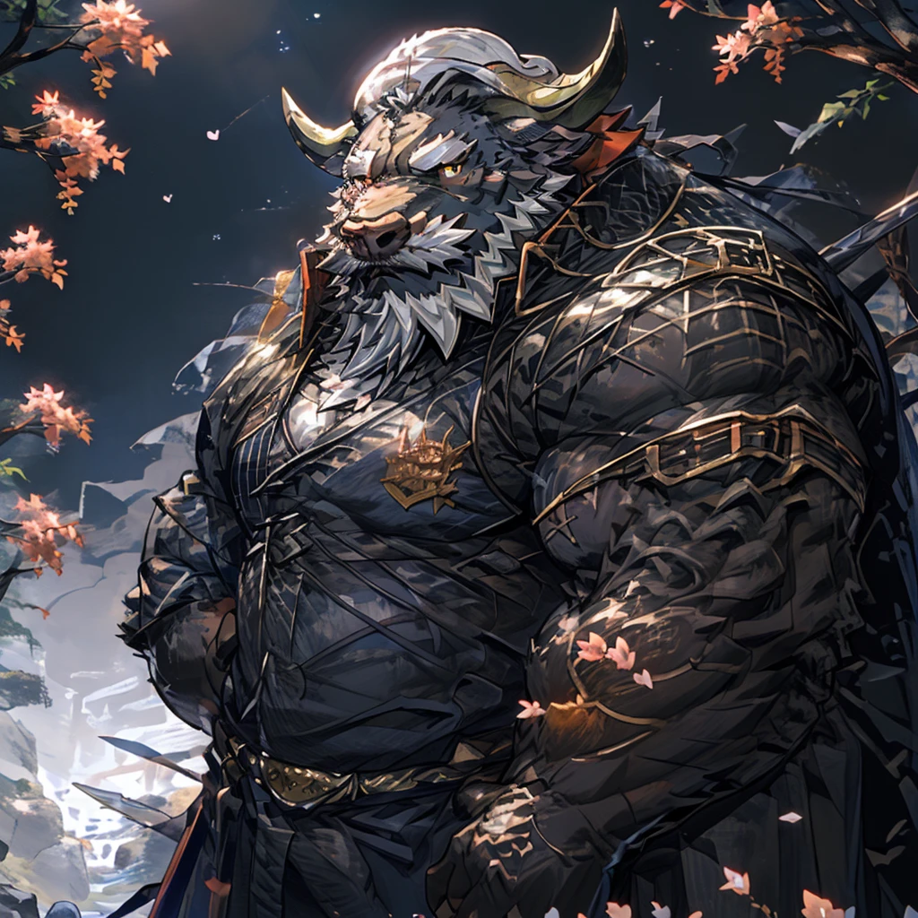 ox),(黑白阴阳General战袍),Holding a long sword,坚Strong姿态,Stand calmly,(The background is a dark forest with peach blossoms in full bloom.:1.2),abdominal muscles,Heroic Stance飒爽,完美的masterpiece,Various facial details,Perspective from a distance,specific description,masterpiece,CG,(Golden Eyes),Black and white pattern,Crimson Tail,General,Heroic Stance,ox,Gray fur,Specific facial details,Half Body,(黑白阴阳General战履),(Chang Ling),((middle aged)),(Face Focus),(16K),HD,White belly，wilderness,beard,(Noodle),Different students,(Black and white yin and yang shirt),(Black and white hair),Strong,muscle,(high resolution:1.3),(Standing in the depths of the desolate peach blossoms),(close up),(Delicate face:1.5),Perfect details,(Half Body),(Facial details:1.5),(Zoom in on the face:1.5),(白色Noodle:1.2),(黑色beard:1.3),(white face;1.6),White body