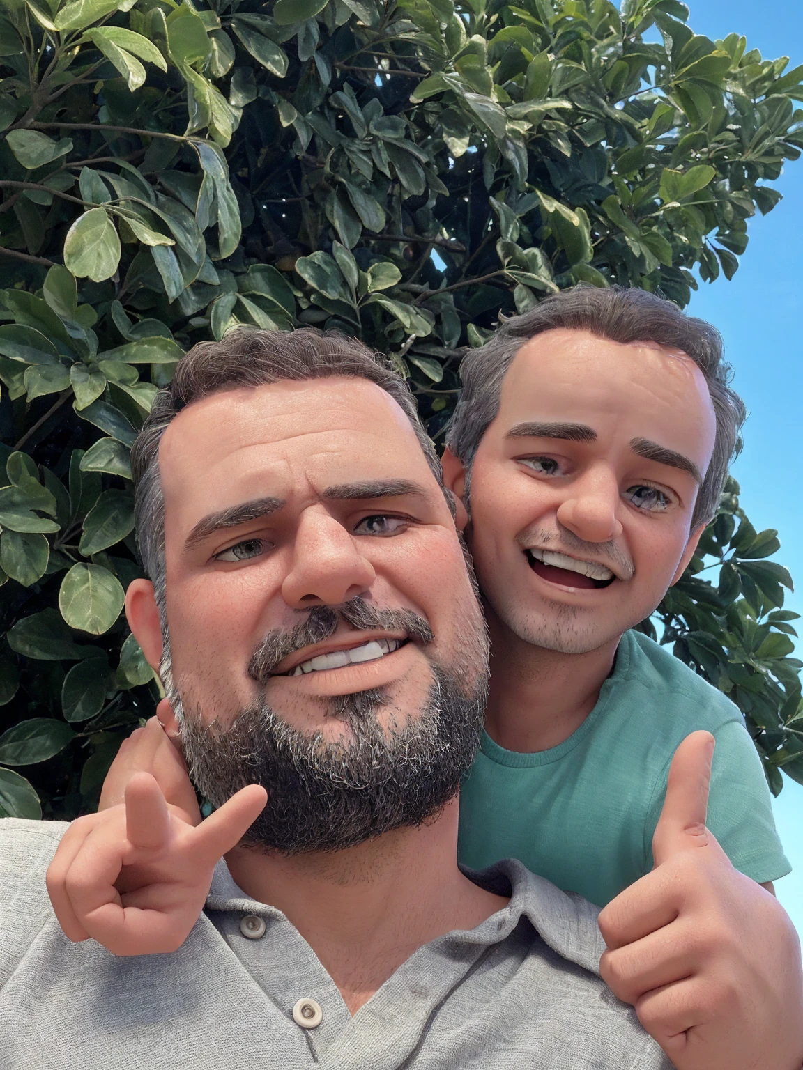 43-year-old man with a beard and a gray shirt and a 6-year-old hugging his neck and making like