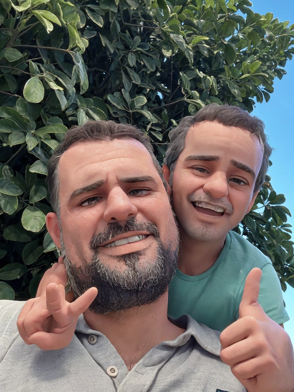 43-year-old man with a beard and a gray shirt and a 6-year-old hugging his neck and making like