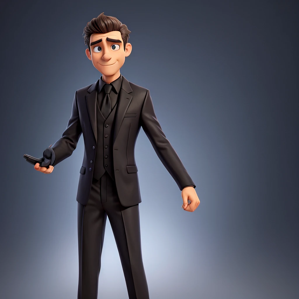 Sideways man in black suit with arm at 45 degrees pointing