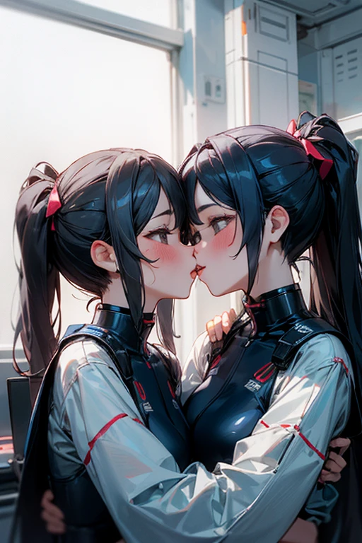  A pair of looks，Sexy identical twin girls kissing each other。future，Technology