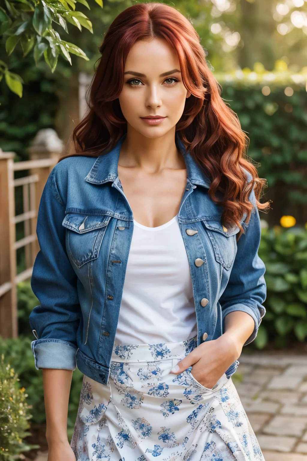 (mature woman:1.4), solo, Long curly hair, detailed eyes, open neckline, ((masterpiece)), (high quality), (best quality), (detailed), hd, perfect lighting, detailed face, detailed body
BREAK
red hair
BREAK
garden, sunshine,
(wearing Blue denim jacket with a white t-shirt and printed skirt,black ponytails ):1.4,