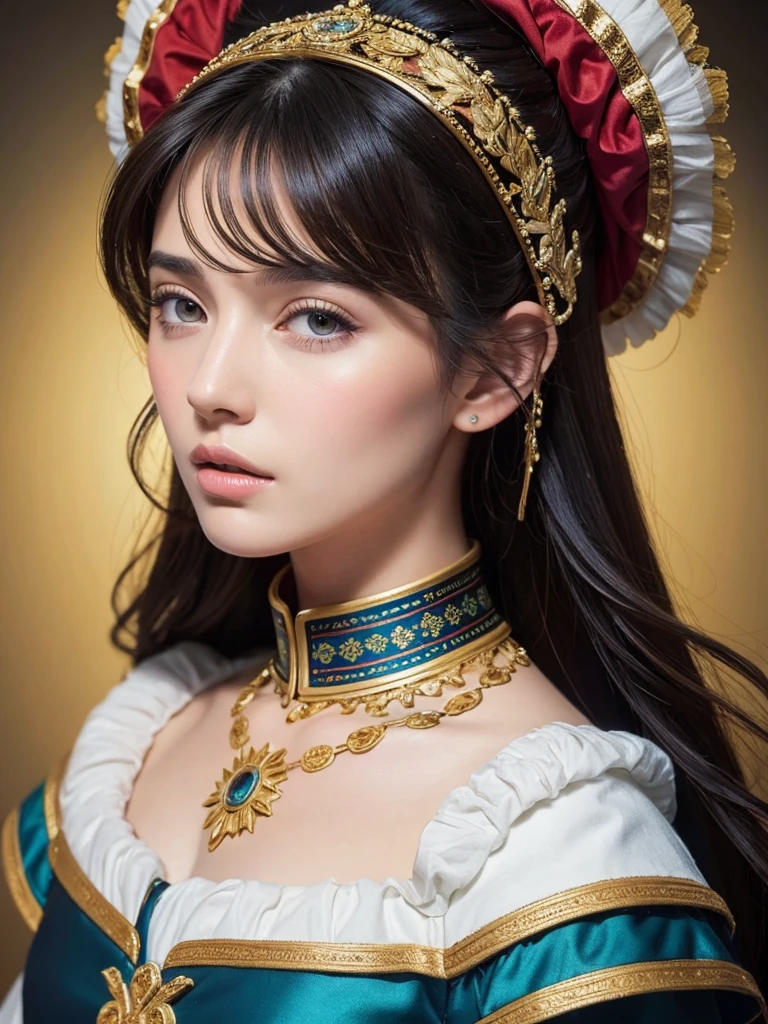 A medieval woman's portrait radiates with vibrant colors and crisp definition, as if painted in oil on canvas. Her intricately detailed attire and voluminous hair are rendered in sharp focus against a subtle background, where simple lines define the subject's regal presence. Outpainted brushstrokes evoke textured, almost three-dimensional effects. The illustration style blends traditional techniques with digital precision, reminiscent of Magali Villeneuve's iconic artistry.