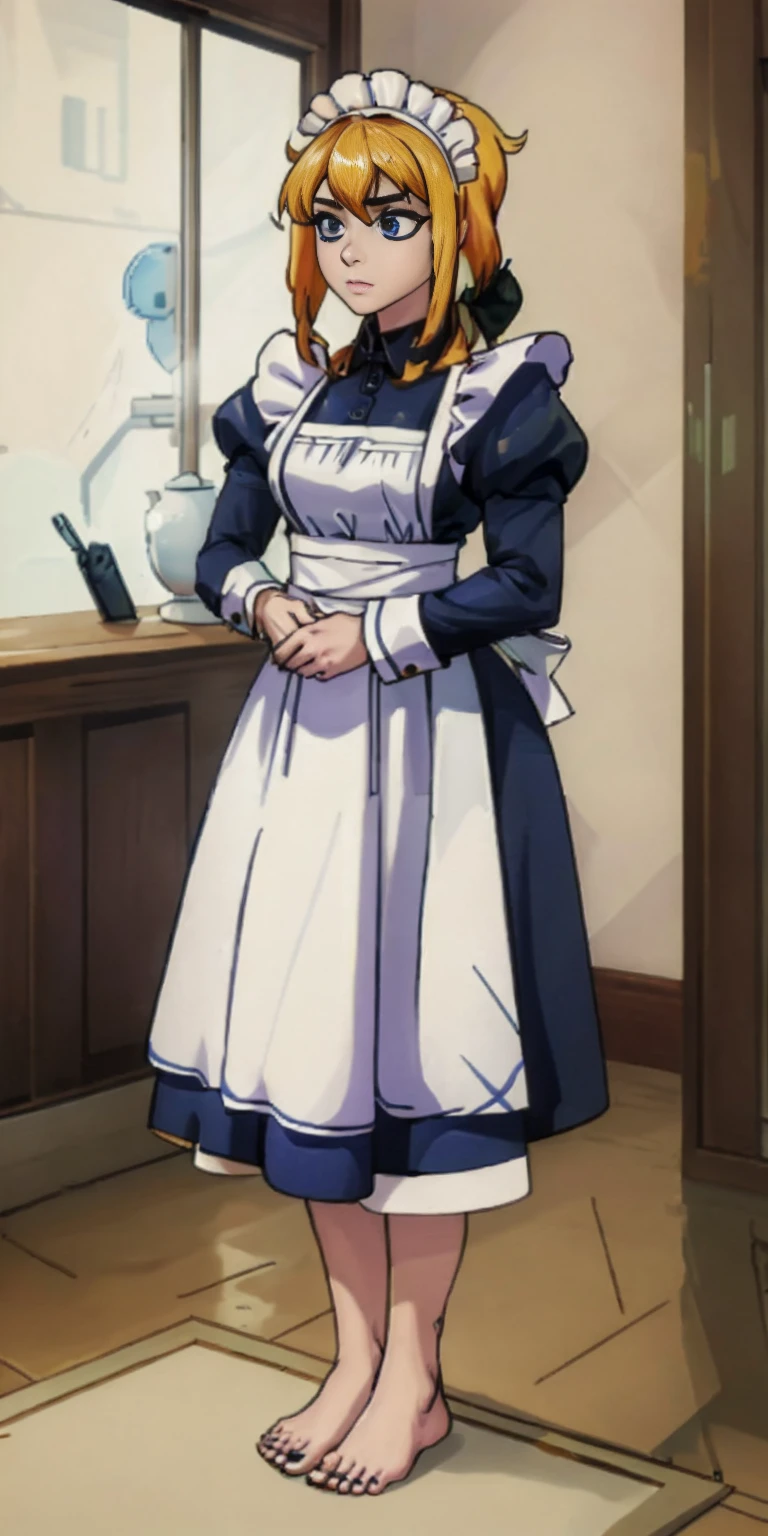 (masterpiece, top quality, best quality) pixel art, 1girl full body toe to head, blue maid dress