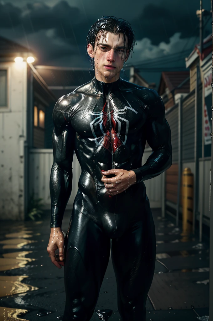 masterpiece, best quality:1.3,big biceps, beautiful , sexy,(digital painting:1.2), muscular man in black spiderman venom costume,shiny tight suit,facing camera, standing on a building, perfect body, urban background, the best masterpiece, very high detail, realistic, 8k, photorealistic, (rain:1.3), soaked clothes, (wet skin:1.4), wet, (smile:0.5), (detailed faces:1.4), (freckles:0.6)