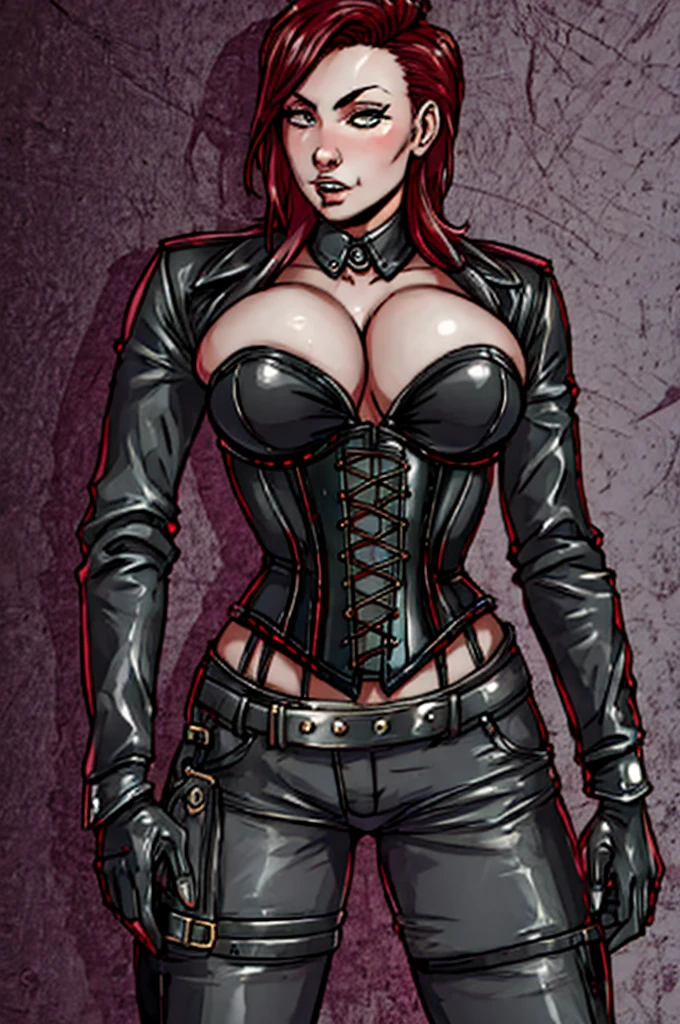 Butch Henchwoman, leather, corset, leather minipants, (gray skin tone:1.0)